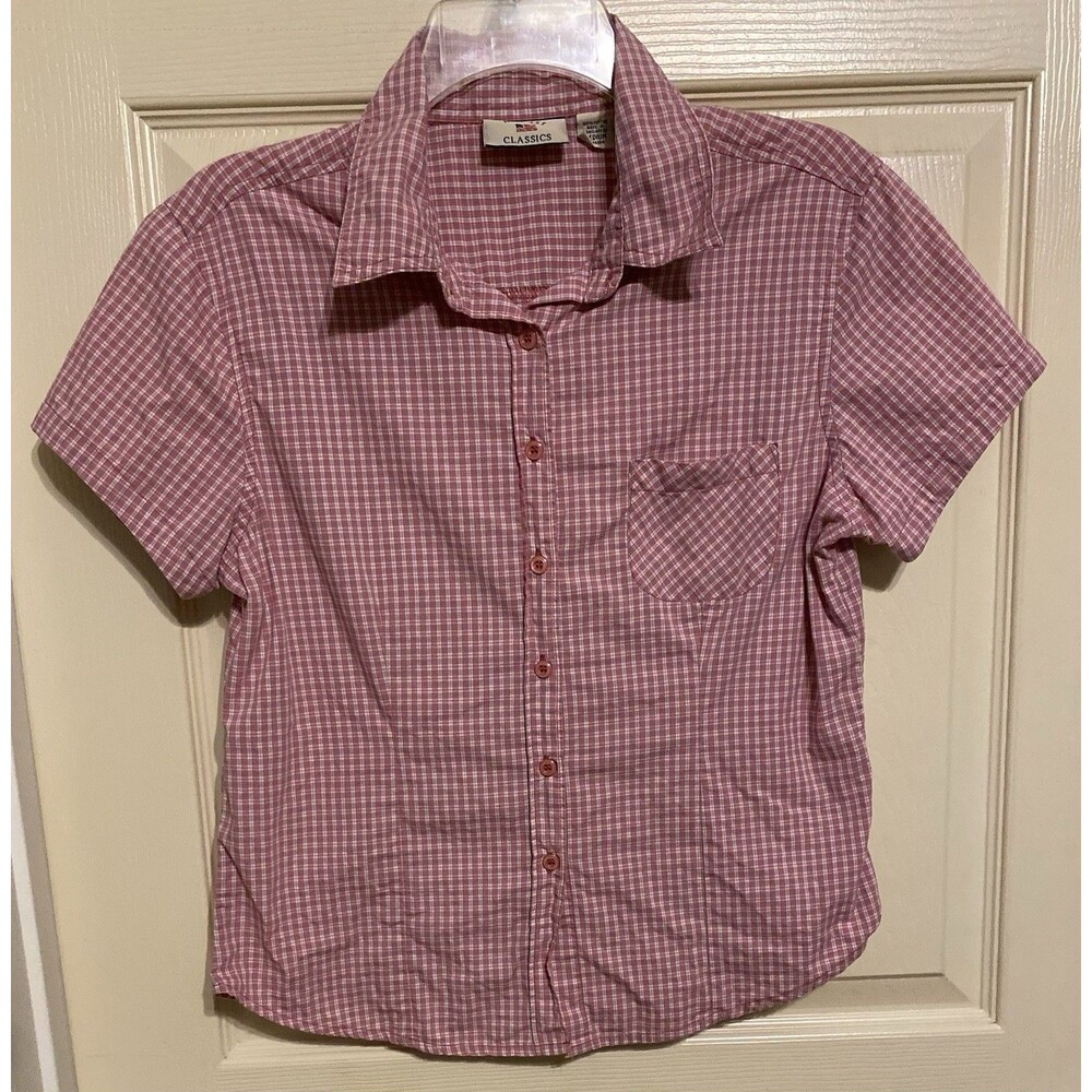 At Last Classics Women's Gingham Plaid Short Sleeve Button Up Shirt Pink Size M